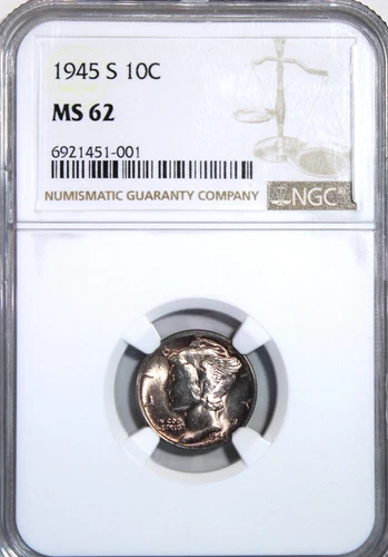1945-S Mercury Dime NGC MS 62 Silver Very nice toning !!!NICE!!!