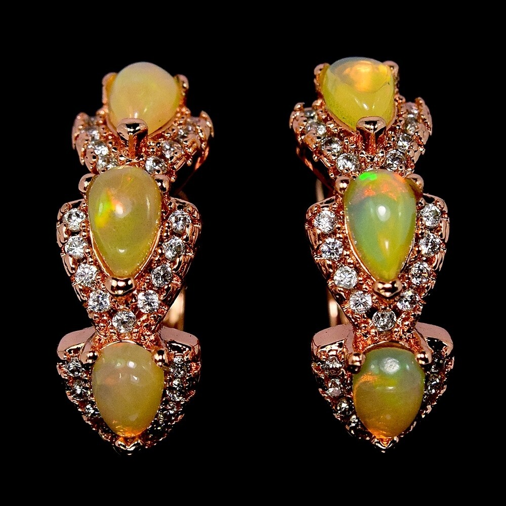 Natural AAA Rainbow Opal Pear Dangle Earrings with White CZ in 925 Sterling Silver