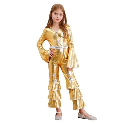 Kids Girls Costume Retro Bodysuit Ruffle Jumpsuit Zipper Playsuit Shiny Catsuit - Picture 12 of 55