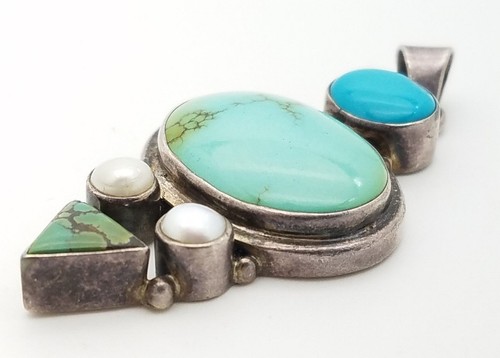 Navajo Sterling Silver Multi Color Turquoise Pearls Handmade Drop Pendant - Picture 7 of 11