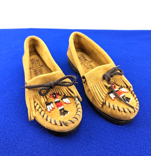 Minnetonka Womens Moccasins #177 Tan Suede Leather Rubber Bottom Beaded - Size 5