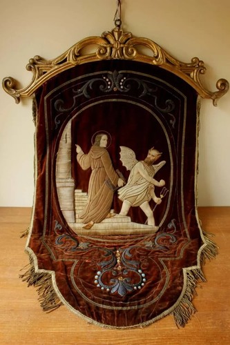 Antikes religiöses Kirchenbanner. Himmel oder Hölle Prozession Heiliger oder Sünder Tafel - Bild 2 von 24