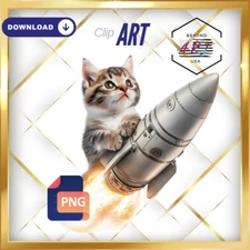 Cute Kitten Flying on Rocket Ship to the Moon - Digital Download Clip Art #20