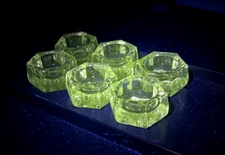 Vintage 6 Clear Hexagon Open Salt Cellar Dip Holders, Has Green Manganese Glow