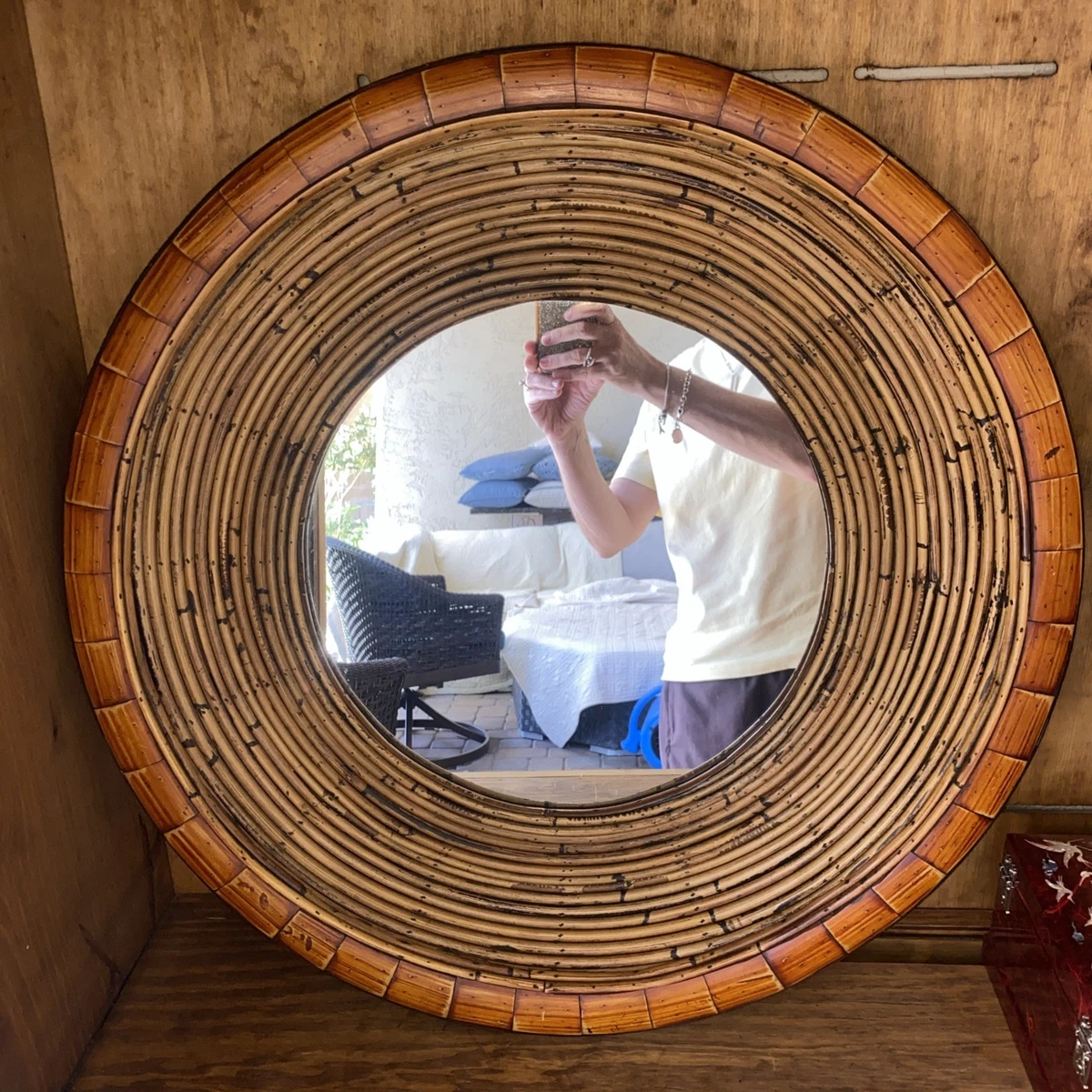 鏡 Vintage Rattern Mirror Large Vintage Rattan Mirror, France, 1960s for sale at Pamono