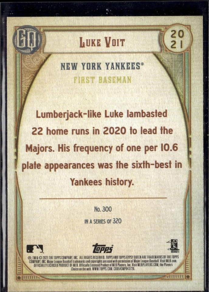 2021 Topps Gypsy Queen Green Var. Luke Voit New York Yankees #300 - Image 2 of 2