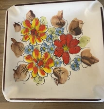Beautiful Vtg. Hand Painted FLORAL Ashtray Made In Brazil