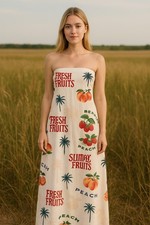 Paper Hearts Womens Fruit Print strapless Maxi Dress size Small New Beachy Retro