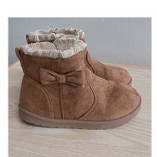 Girls Brown Suede Ankle Bootie Pull-On Bow Ruffle Lined Flat Heel Rubber Outsole