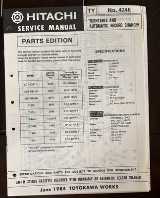 June/84 Hitachi TYNo. 424 E Am/FM Stereo Cassette Recorder With Service  Manual
