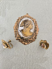 Antique Victorian Intaglio Cut Cameo Gold Tone Brooch & Earrings   Mushroom Box — photo 2