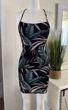 WINDSOR Women Black Halter Lace Back Palm’s Tropical Mini Dress Size Small 