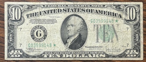 1934 C Ten Dollar Bill $10 Federal Reserve Note * STAR NOTE * Circulated #75839 - Picture 1 of 2