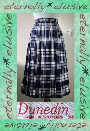 DUNEDIN Vintage marineblau weiß Tartan Wollmischung langer wadenlanger Midirock W32" 14