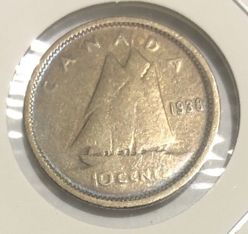 1938 Canadian 10 Cents Silver Coin 🇨🇦 Nicely toned
