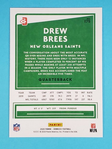 2020 Panini Donruss Photo Variation BLUE PRESS PROOF Drew Brees Saints #175 - Picture 2 of 2