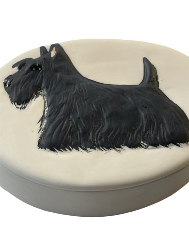 Vintage Carol Halmy Black Scotty Dog Handmade Trinket Box Signed Porcelain Oval - Picture 2 of 7