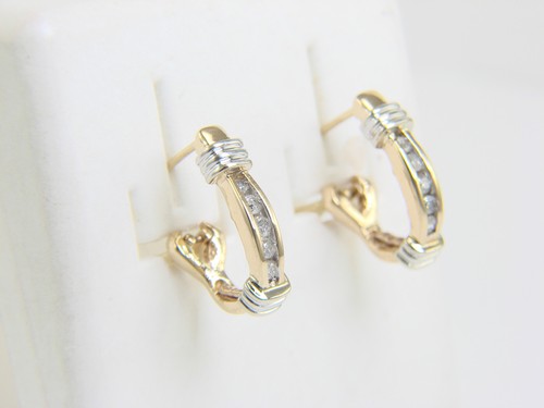 14K Yellow White Gold Natural Diamond J-Hoop Omega Back Earrings 4.7 grams