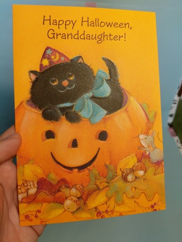 Vintage Halloween Kürbis schwarze Katze Maus Karte Punze Botschafter Enkelin - Bild 4 von 4