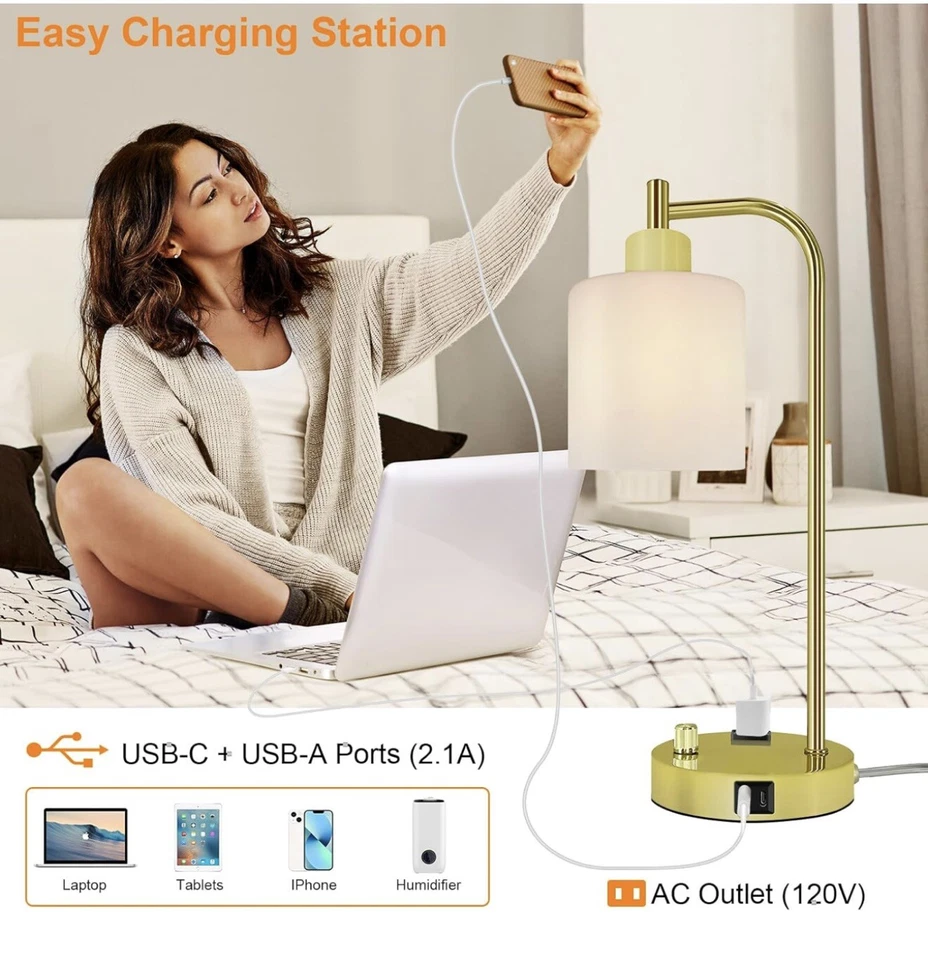 Industrial Table Lamp, Dimmable Gold Desk Lamp,Gold Table Lamp with 2 USB - Image 3 of 4