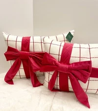 Tidings and Joy Set of 2 Christmas Gift Holiday Bow Throw Pillows Decor