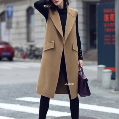 Womens Faux Wool Sleeveless Long Vest Jacket British Office Suit