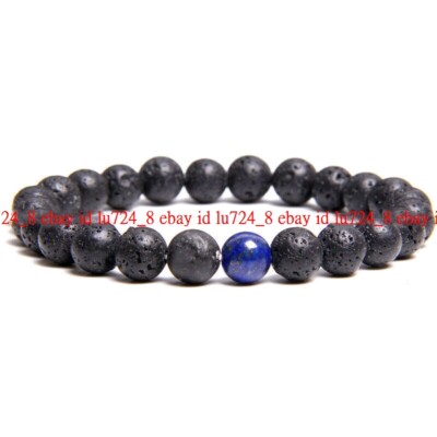 Natural 8/10/12mm Black Lava & Blue Lapis Lazuli Gems Round Beads Bracelet 7.5''