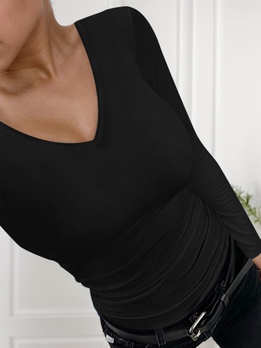 Women's Ribbed V Neck Slim Fitted T Shirts Basic Solid Long Sleeve Layering Tee - Picture 5 of 14