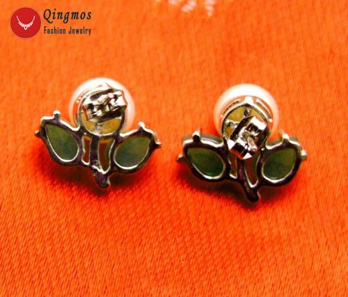 7-8mm Flat Round Natural White Pearl with Green Jade Leaf Earring for Women Stud - Picture 5 of 8