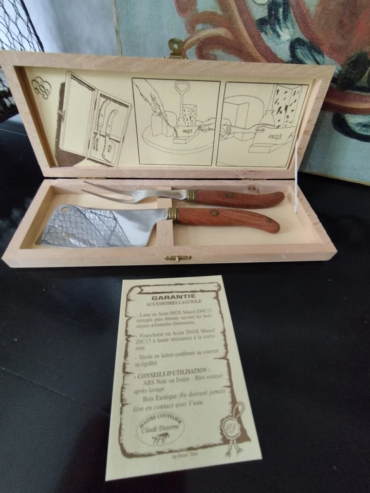 Couteau à fromage laguiole en inox - bois Claude Dozorme couperet + fourchette - - Photo 2/4