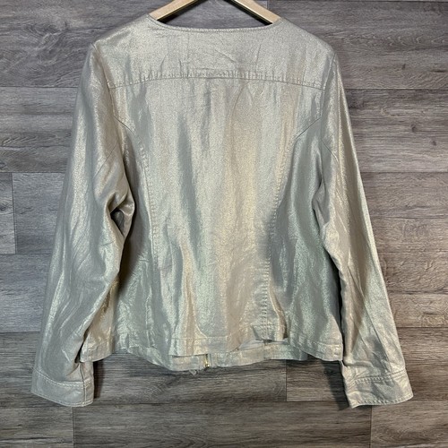 Lane Bryant Jacket SZ 16 Beige Liquid Gold Shimmer Ruffle Full Zip Party Holiday - Picture 2 of 8