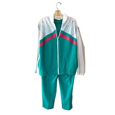 Vintage Teddi Sport 80s Jacket  Pants Track Suit Womens M Aqua Blue Windbreaker