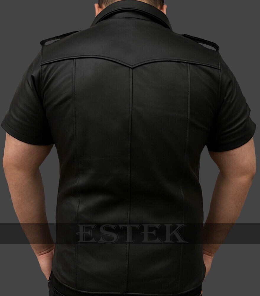 Men's Black Leather Police Military Style Uniform Shirt BLUF Schwarz