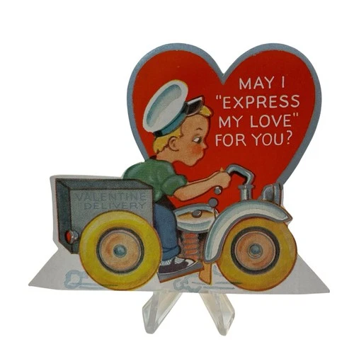 VTG DIE-CUT VALENTINE CARD 1930'S LITTLE BOY MOTORCYCLE  VALENTINE DELIVERY