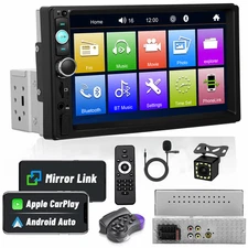 Single 1Din 7" Touch Screen Stereo Bluetooth Radio Car Apple/Android Carplay GPS