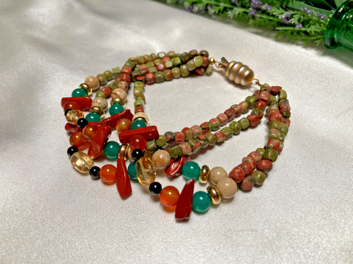 Vintage Semi-Precious Stone Bracelet Jadeite Amber Onyx Unikite Jasper Agate - Picture 3 of 15