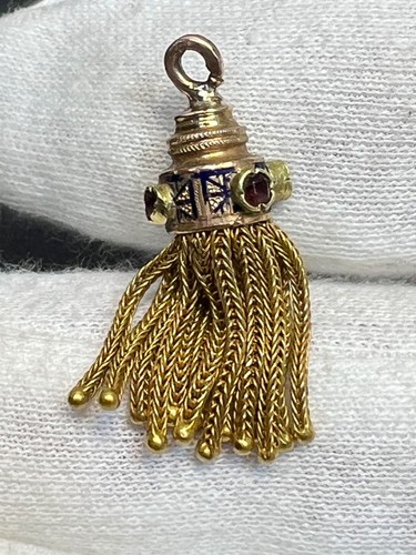 Victorian 14K Gold Ruby Blue Enamel Watch Chain Fob Tassel Fringes Pendant Charm - Picture 13 of 15