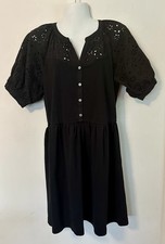 LOFT Eyelet Button Mixed Media Swing Dress Size LM Black Half Sleeve V Neck