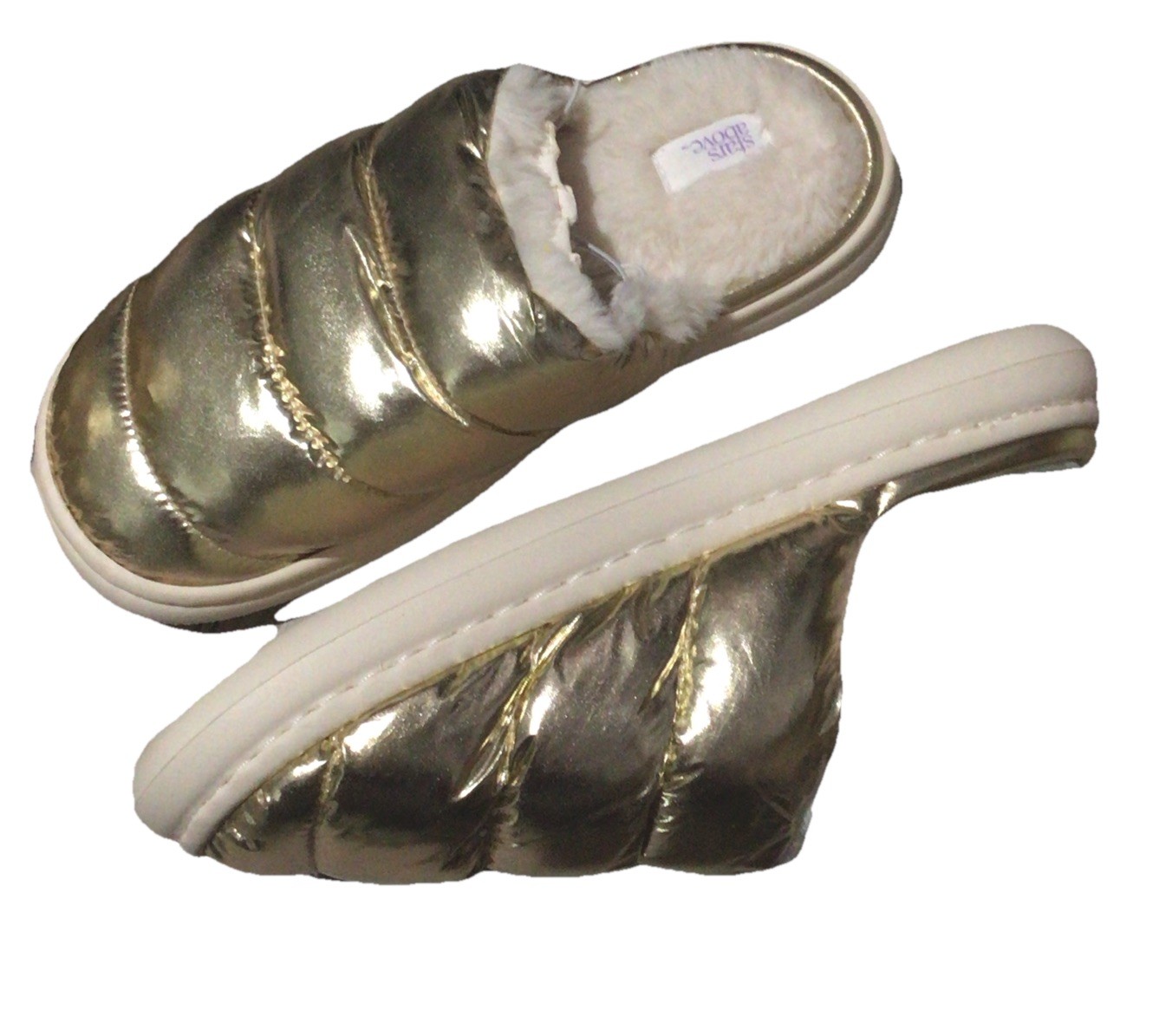 Slippers Women's Merritt Slip On Slide Gold Round Toe Faux Fur Size 5-6-image