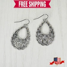 Antique Silver Filigree Teardrop Boho Droplet Dangle Earrings, Platinum Wires