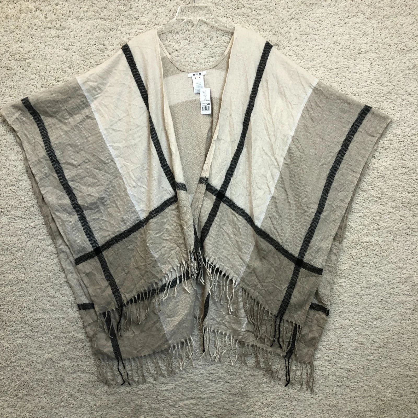 NEW Three Dots Poncho One Size Womens Beige Cashmere Wool Miranda Plaid Sweater
