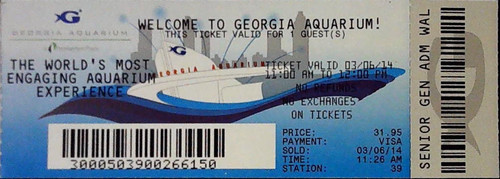Georgia Aquarium Full Ticket Stub Whale Shark Exhibit Atlanta Museum 3/16/2014