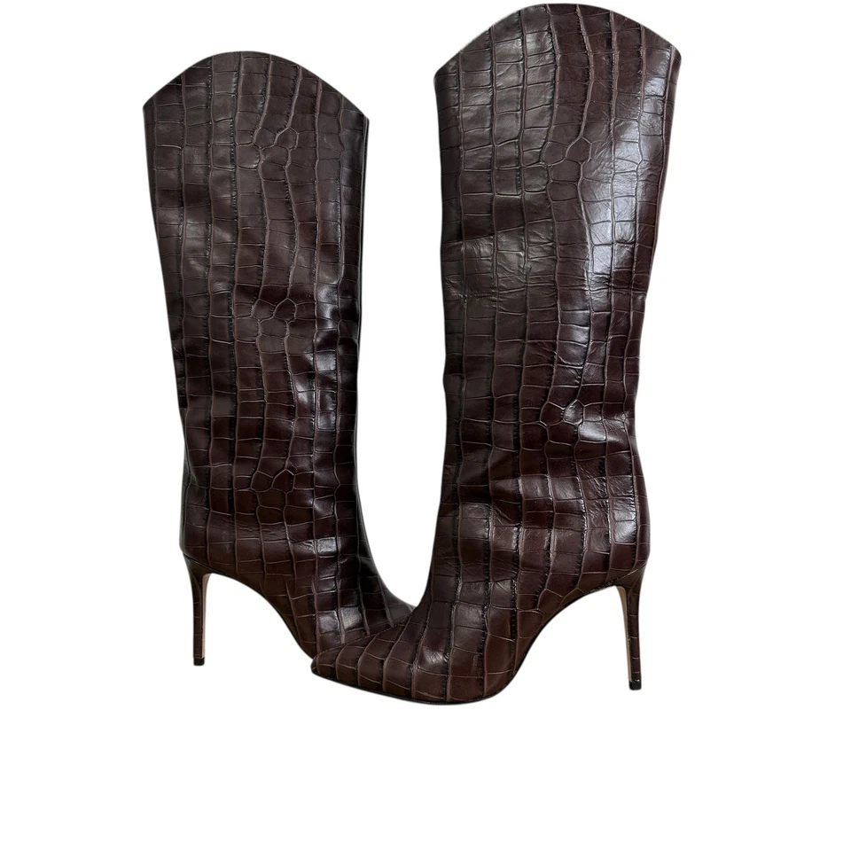 Botas hasta la rodilla Schutz Maryana marrón cocodrilo cuero en relieve punta aguja EE. UU. 7 Foto 3 de 4