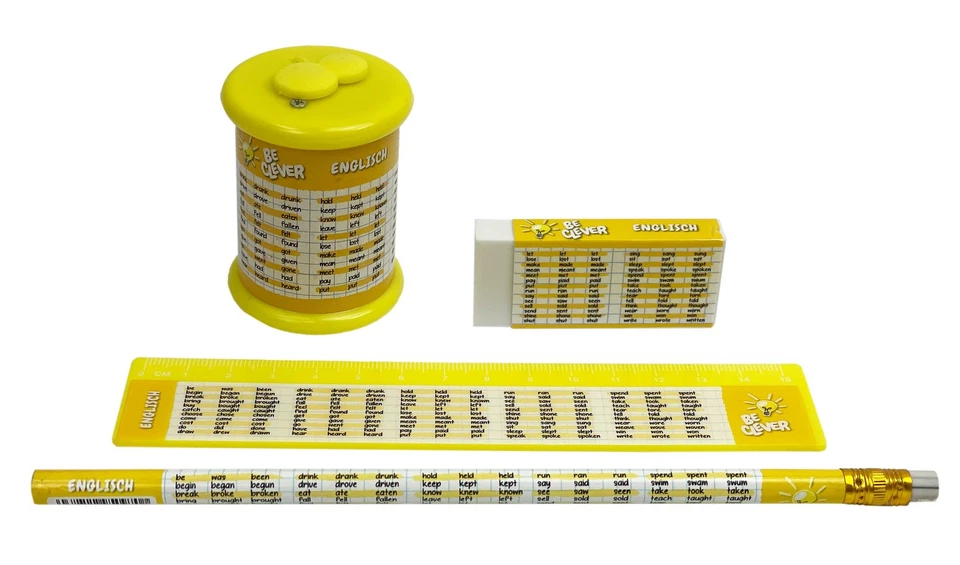 ITSISA Schreibset Gelb Spickzettel ENGLISCH - Spitzer, Bleistift, Radiergummi, Lineal