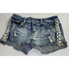 Mossimo Supply Co Denim Shorts Medium Wash Distressed Crochet Lace Trim Size 11