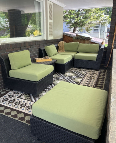 Rattan Wicker Weather-Resistant Sectional Set with Green Cushions and Table