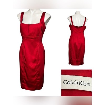 Calvin Klein dress M/8-10 Red Satin Sheath bodycon cocktail date night party
