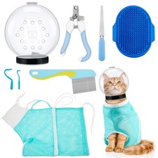 8 Pcs Cat Muzzle Set with Adjustable Bathing Bag Breathable M Size, Blue