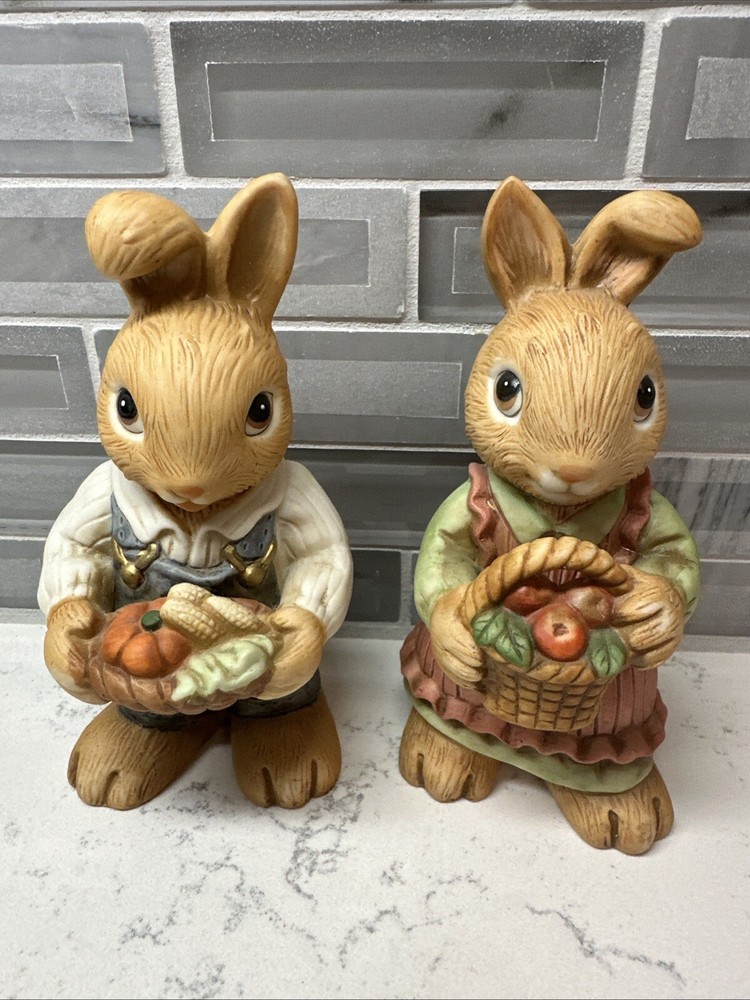 Homco Harvest Farmer Bunny Rabbit Figurines Boy Girl Pair 5