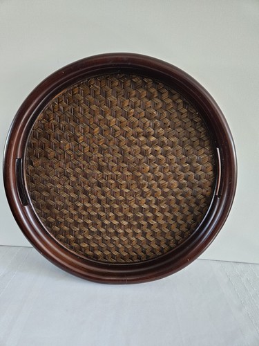 Vintage Pier 1 Wooden Bamboo Wicker Rattan Serving Tray 15.5” - Picture 4 of 6